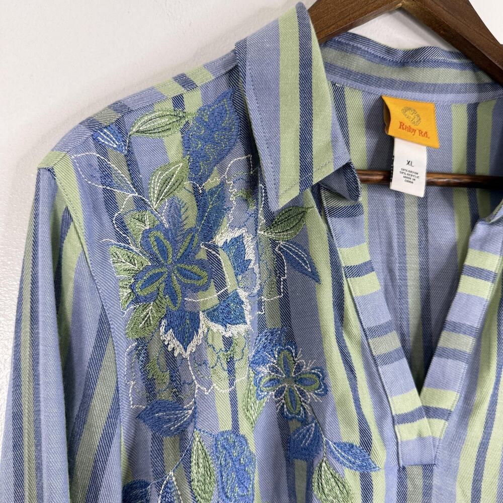 Ruby Rd Top XL Embroidered Floral Blue Green Striped Roll Tab Blouse Shirt